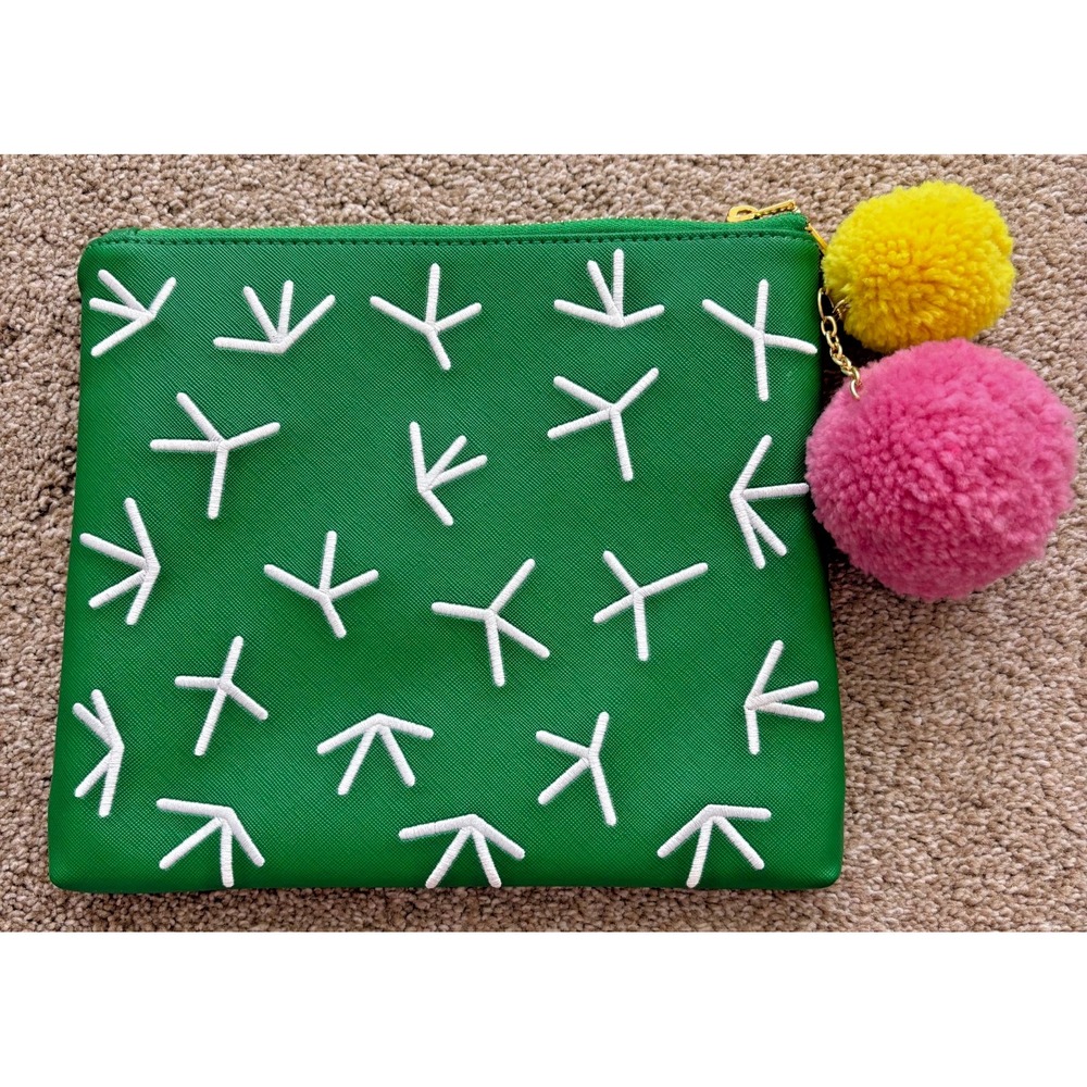 Studio DIY! Green Cactus Pouch‎ Pom-Poms Pink Interior Zip Pocket EUC!